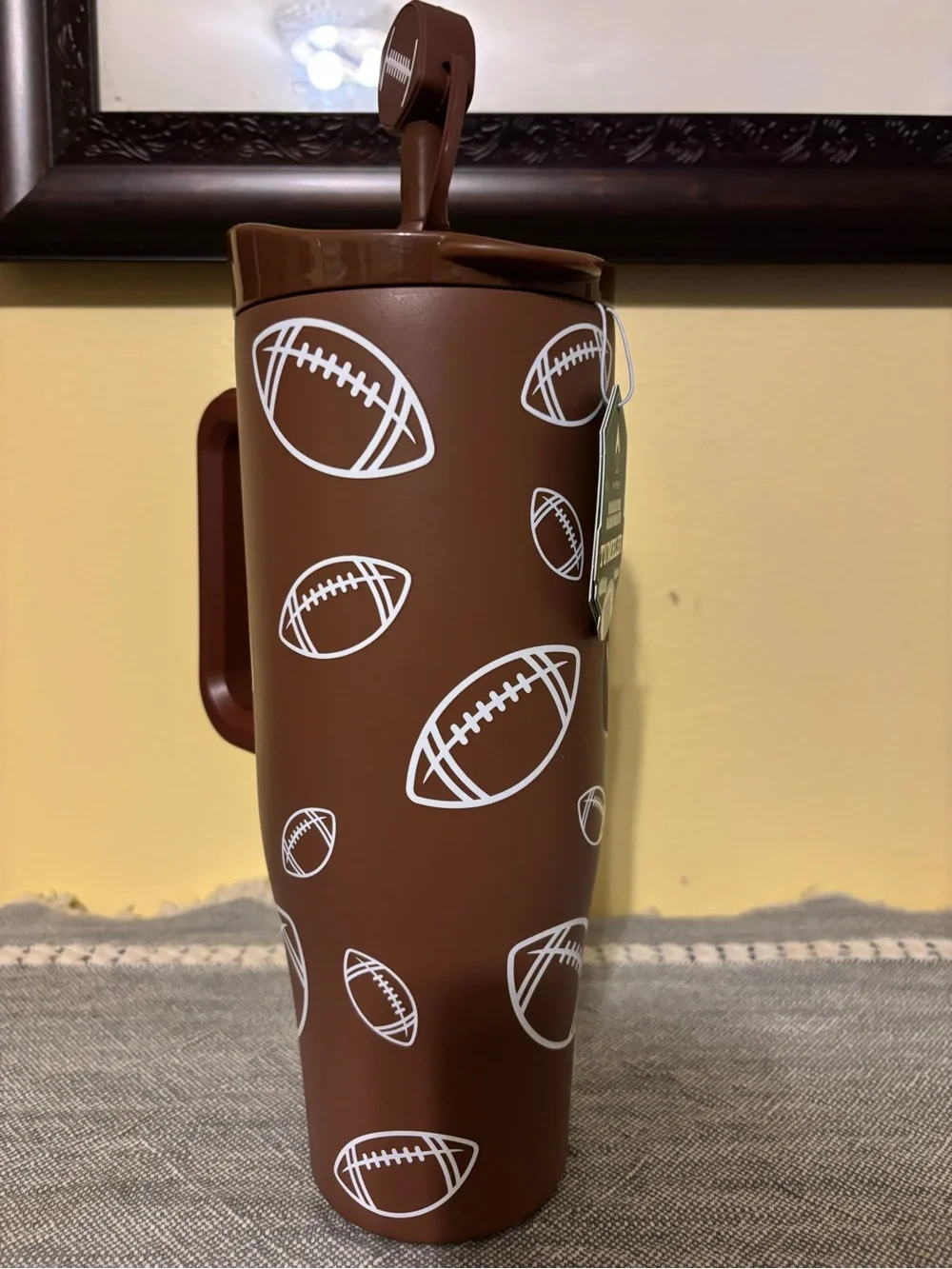 Wellness Brown Football-Print Travel Tumbler with Handle